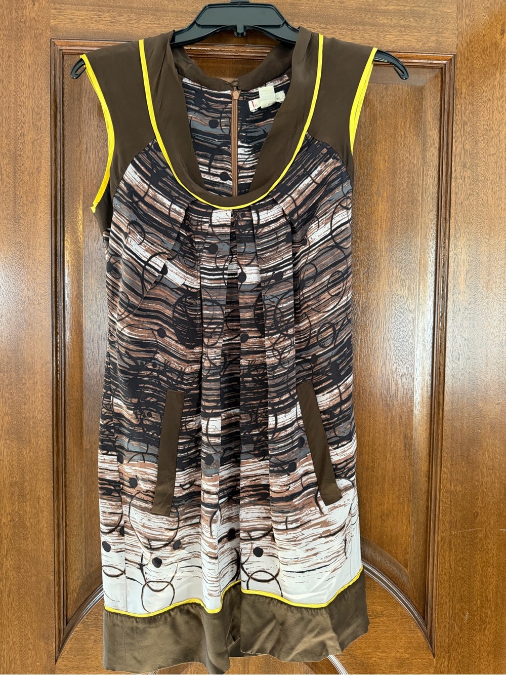 Sleeveless Brown Print Shift Dress with Yellow Trim